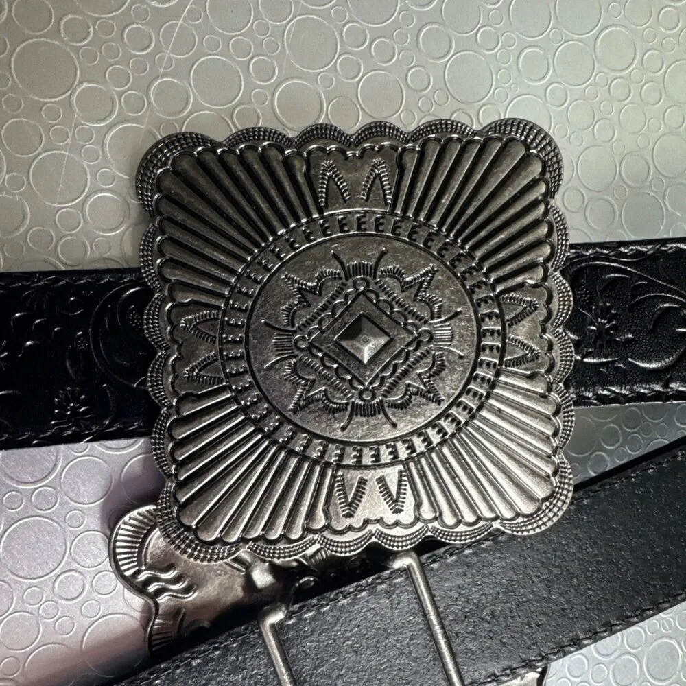 New Lucky & Blessed Black Embossed Concho Belt - Size S Runs Bigger Dust Bag